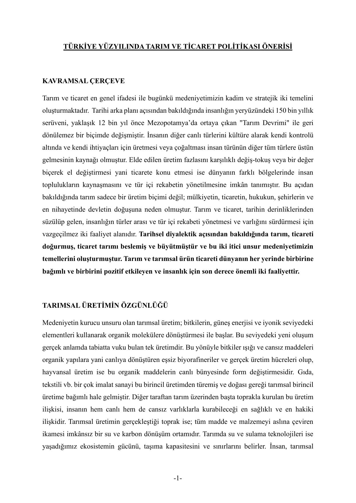 Türkiye Yüzyılında Tarım ve Ticaret Politikası Önerisi